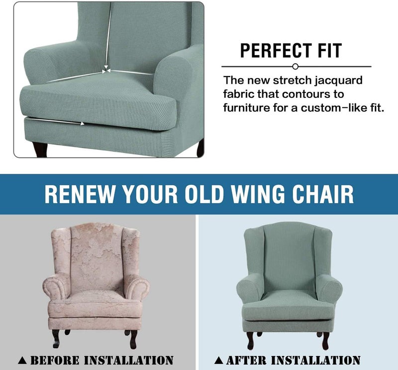 Wingback Chair Slipcover Sage 2-Piece Design Perfect Fit Stretch Armchair Cover - Durable Jacquard Furniture Protection Soft Skin-Friendly Fabric for Living Room Bedroom Pet Owners - Image 4