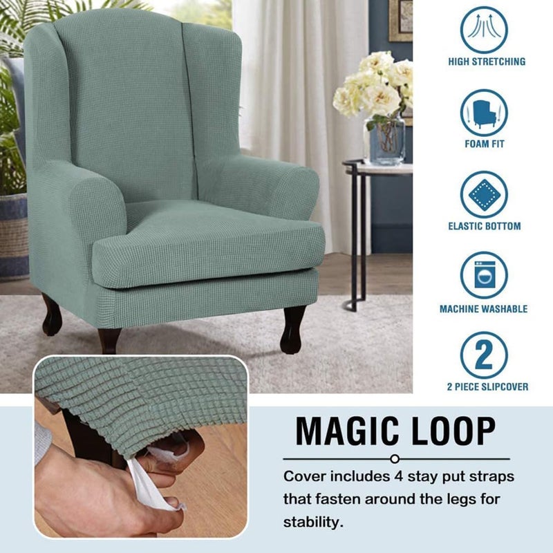 Wingback Chair Slipcover Sage 2-Piece Design Perfect Fit Stretch Armchair Cover - Durable Jacquard Furniture Protection Soft Skin-Friendly Fabric for Living Room Bedroom Pet Owners - Image 3