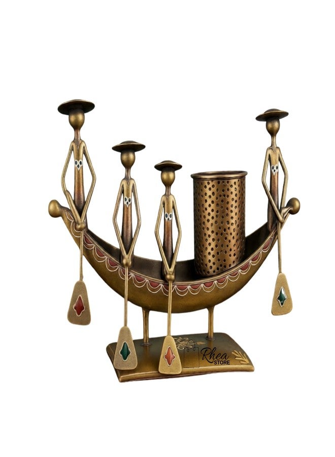 RHEA STORE Metal Office Desk Organizer with Boat Theme (Golden) - Antique Desktop Storage Stand with Pen Holder | Decorative Table Organizer for Office Supplies, Study Table & Home Desk Decoration - Image 1