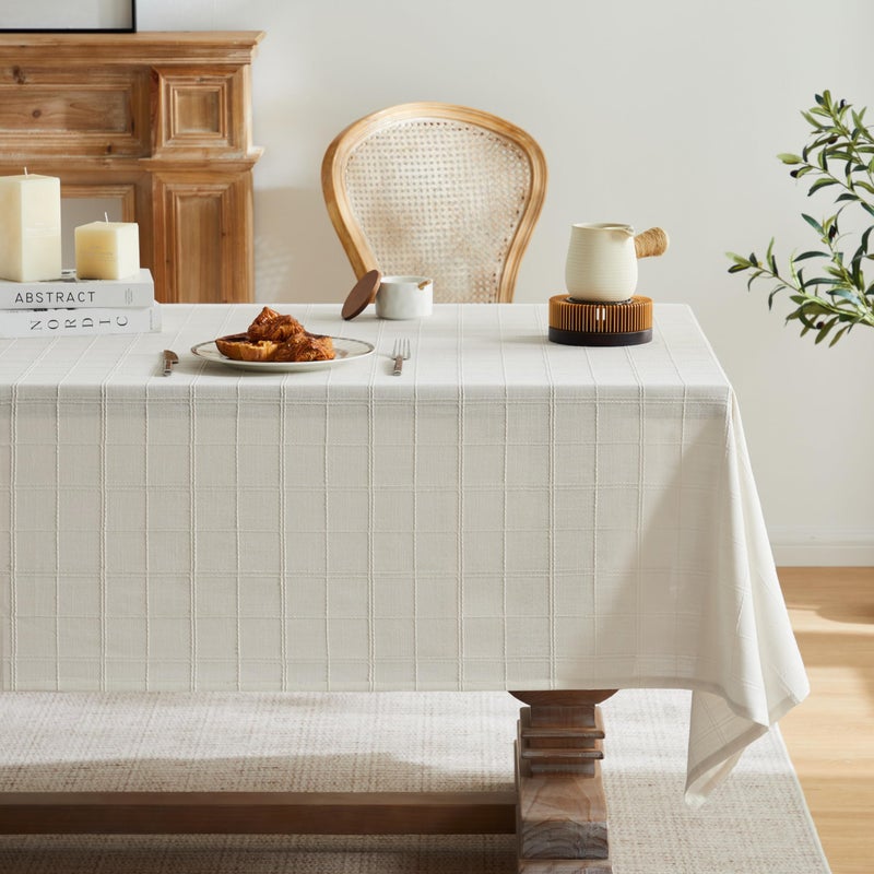 ZeeMart Linen Checked Table Cloth, Farmhouse Style Plaid Embroidered Neutral Tablecloth, Water Resistant Rectangle Table Cloth, Ivory 52x70 Inches - Image 1