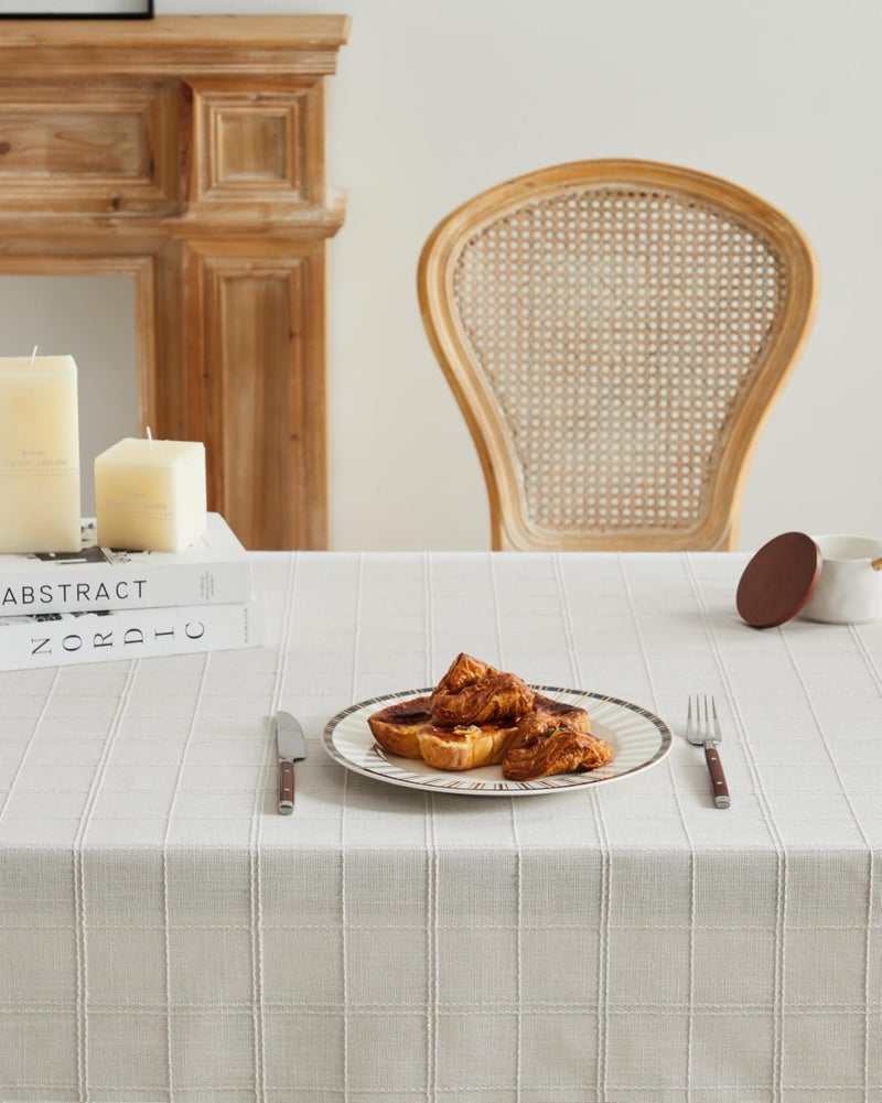 ZeeMart Linen Checked Table Cloth, Farmhouse Style Plaid Embroidered Neutral Tablecloth, Water Resistant Rectangle Table Cloth, Ivory 52x70 Inches - Image 4