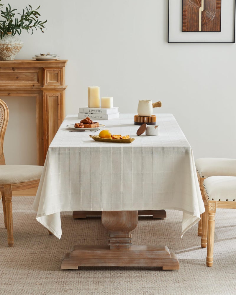ZeeMart Linen Checked Table Cloth, Farmhouse Style Plaid Embroidered Neutral Tablecloth, Water Resistant Rectangle Table Cloth, Ivory 52x70 Inches - Image 2