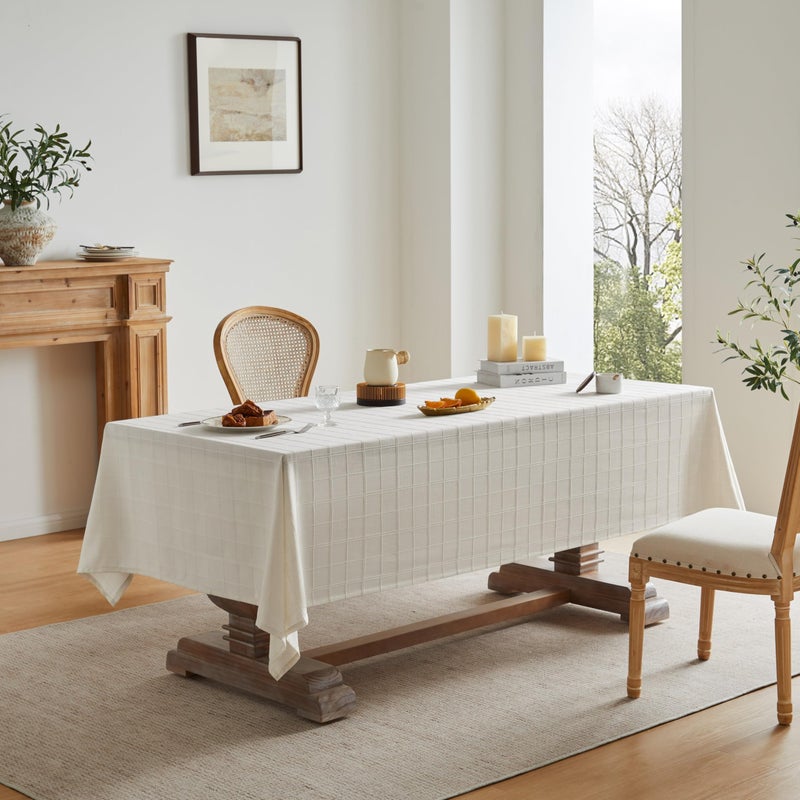 ZeeMart Linen Checked Table Cloth, Farmhouse Style Plaid Embroidered Neutral Tablecloth, Water Resistant Rectangle Table Cloth, Ivory 52x70 Inches - Image 3