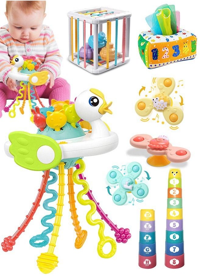 XiuWoo 5 in 1 Baby Sensory Toys 6-12-18 Months, Pull String Teether, Stacking Blocks, Sensory Shapes and Colorful Storage Bin, Infant Bath Time Fun, Learning Toddler Toys  - Image 1