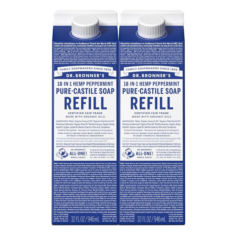 Dr Bronners PureCastile Liquid Soap Refill Peppermint 32oz Pack of 2