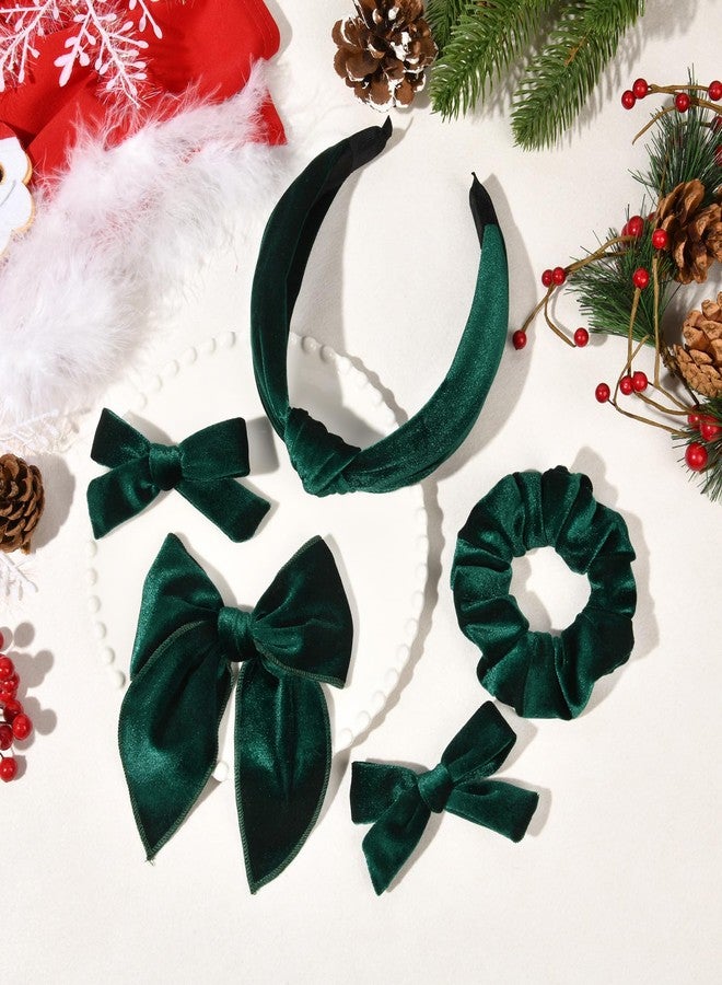DEEKA Velvet Hair Bows & Knotted Headband & Scrunchy Fable Hair Bow Headband Set Velvet Scrunchies Alligator Clips for Toddler Girls & Women (Dark Green) - Image 5