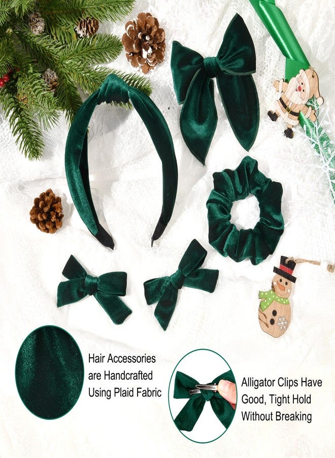DEEKA Velvet Hair Bows & Knotted Headband & Scrunchy Fable Hair Bow Headband Set Velvet Scrunchies Alligator Clips for Toddler Girls & Women (Dark Green) - Image 3