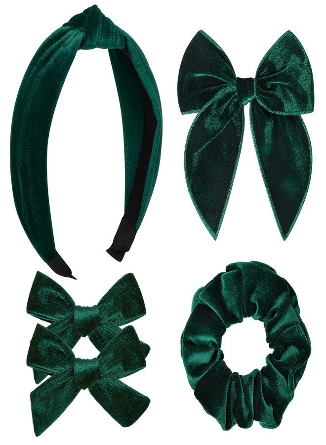DEEKA Velvet Hair Bows & Knotted Headband & Scrunchy Fable Hair Bow Headband Set Velvet Scrunchies Alligator Clips for Toddler Girls & Women (Dark Green) - Image 1