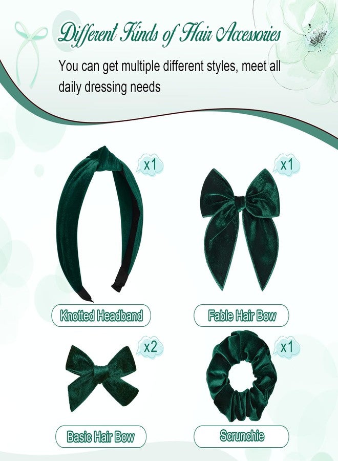 DEEKA Velvet Hair Bows & Knotted Headband & Scrunchy Fable Hair Bow Headband Set Velvet Scrunchies Alligator Clips for Toddler Girls & Women (Dark Green) - Image 2