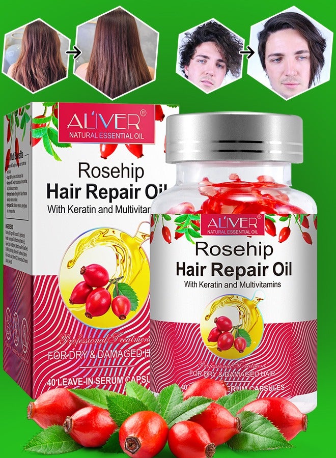 ALIVER 40 Pcs Rosehip Hair Repair Oil Capsules Organic Rosehip Seed Oil with Keratin & Multivitamins Rosehip Hair Repair Oil Shines Nourishing Repair Dry & Damaged Hair Treatment Leave-In Serum - Image 1