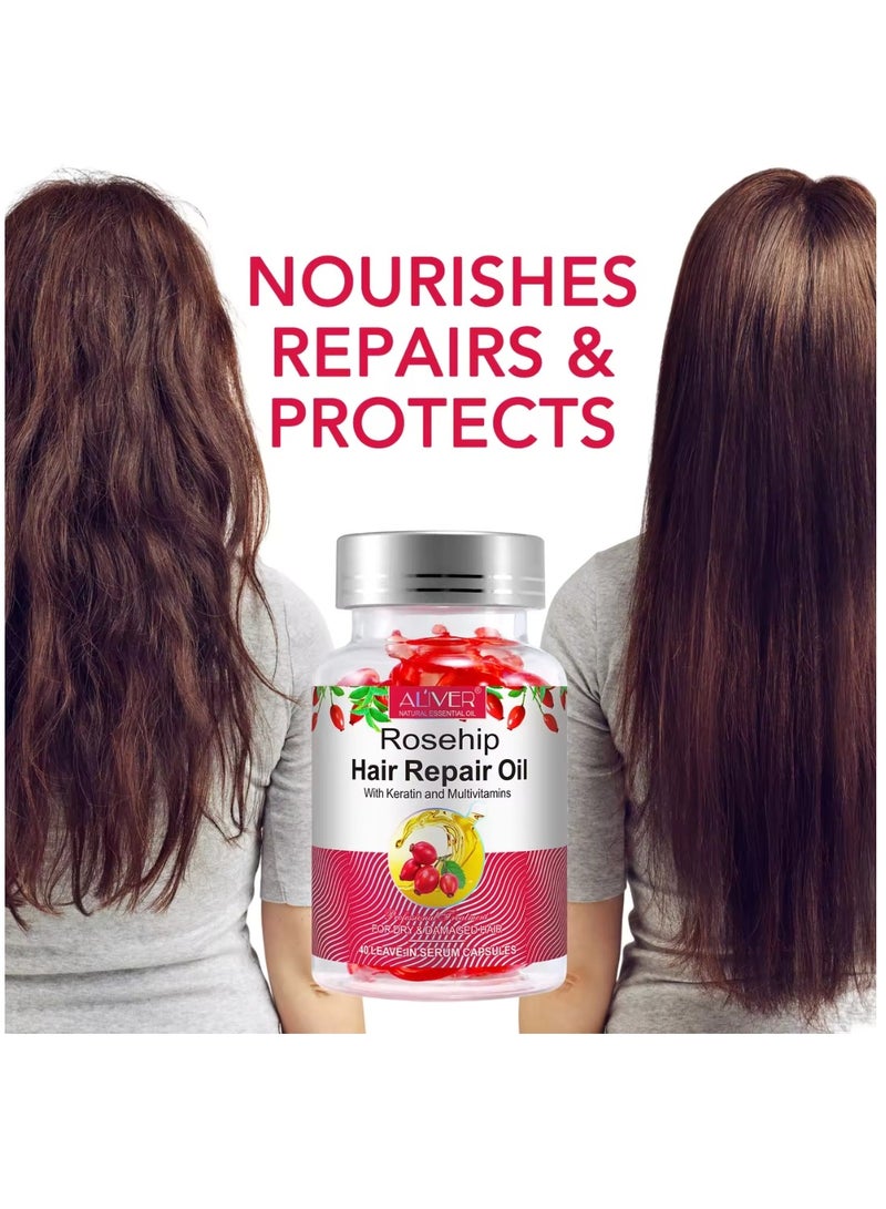 ALIVER 40 Pcs Rosehip Hair Repair Oil Capsules Organic Rosehip Seed Oil with Keratin & Multivitamins Rosehip Hair Repair Oil Shines Nourishing Repair Dry & Damaged Hair Treatment Leave-In Serum - Image 2