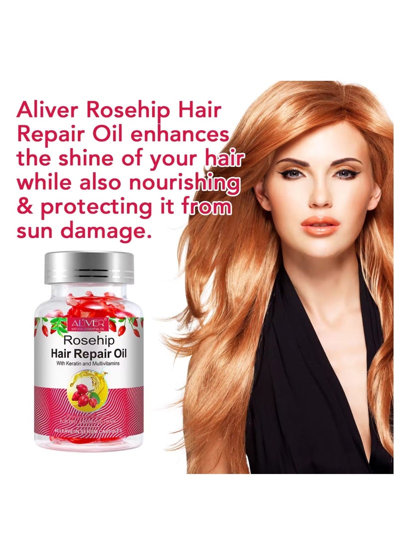 ALIVER 40 Pcs Rosehip Hair Repair Oil Capsules Organic Rosehip Seed Oil with Keratin & Multivitamins Rosehip Hair Repair Oil Shines Nourishing Repair Dry & Damaged Hair Treatment Leave-In Serum - Image 4
