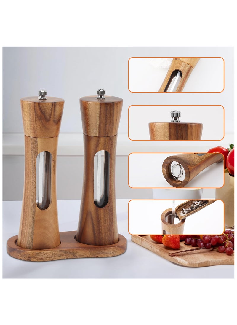 OLUDENIZ Wooden Salt and Pepper Grinder Set  5-Piece Manual Mill with Acacia Wood, Tray, and Accessories  - Image 2