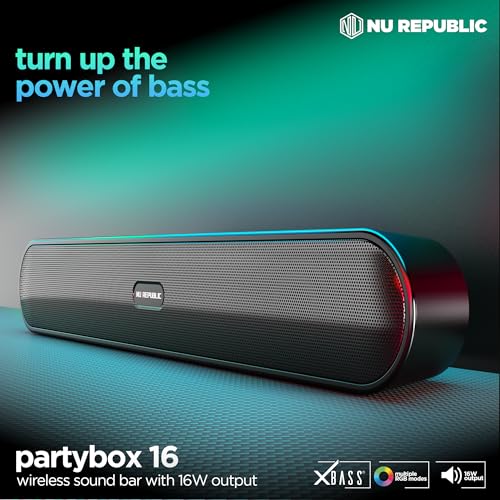 Nu Republic Nuworld Retail Private Limited Nu Republic Party Box 16 Bluetooth Soundbar with X-Bass Technology, Upto 10 Hrs Playtime, Multiple RGB LED Lights, 16 W Output (Black, 2.0 Channel) - Image 2