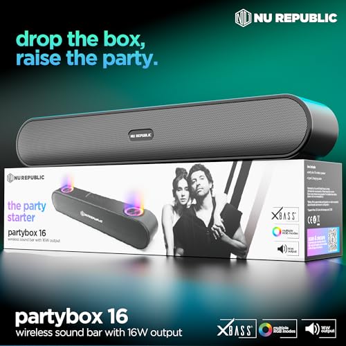 Nu Republic Nuworld Retail Private Limited Nu Republic Party Box 16 Bluetooth Soundbar with X-Bass Technology, Upto 10 Hrs Playtime, Multiple RGB LED Lights, 16 W Output (Black, 2.0 Channel) - Image 4