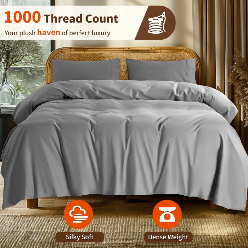 LBRO2M LBRO2M 1000 Thread Count 100% Egyptian Cotton Sheets Set Full Size Bed Sheet 4 Piece Sets Long Staple 16 Inches Deep Pocket All Season Bedding Super Soft Breathable Sateen Weave (Grey)  - Image 2