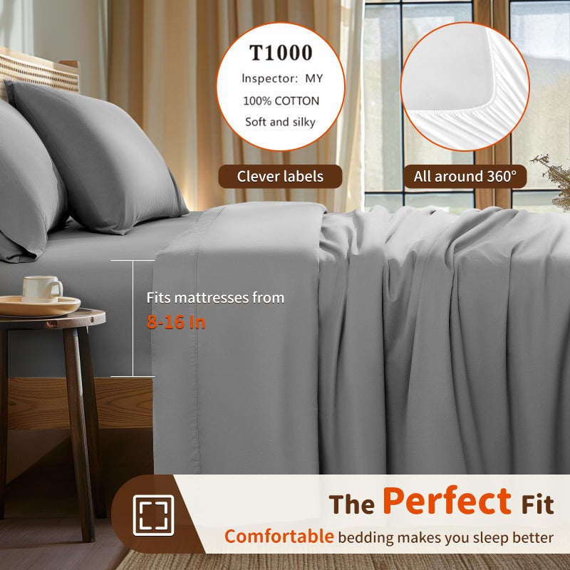 LBRO2M LBRO2M 1000 Thread Count 100% Egyptian Cotton Sheets Set Full Size Bed Sheet 4 Piece Sets Long Staple 16 Inches Deep Pocket All Season Bedding Super Soft Breathable Sateen Weave (Grey)  - Image 5