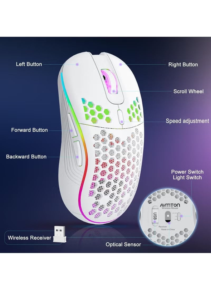 Wireless Mouse Wireless Gaming Mouse, Rechargeable Pc Mouse with RGB Backlight 6 Buttons Adjustable Lightweight Honeycomb Shell for Laptops, PC, Computers, Etc. (Wireless White)