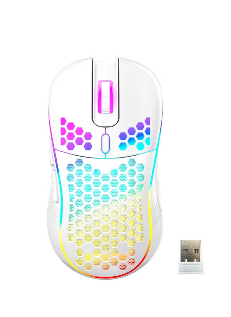 Wireless Mouse Wireless Gaming Mouse, Rechargeable Pc Mouse with RGB Backlight 6 Buttons Adjustable Lightweight Honeycomb Shell for Laptops, PC, Computers, Etc. (Wireless White)