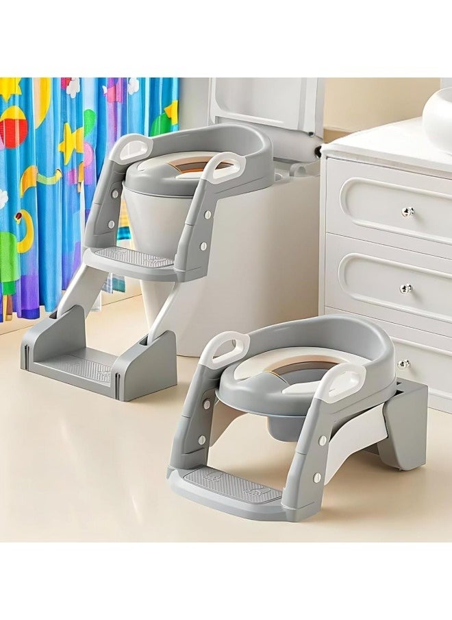 GGEROU Folding Toilet Potty Training Seat With Step Stool Ladder, Folding Auxiliary Toilet Seat, Toilet Trainer, Toilet Seat Toilet Trainer, Comfortable And Safe Potty Seat With Non-Slip Mat Ladder Grey  - Image 1