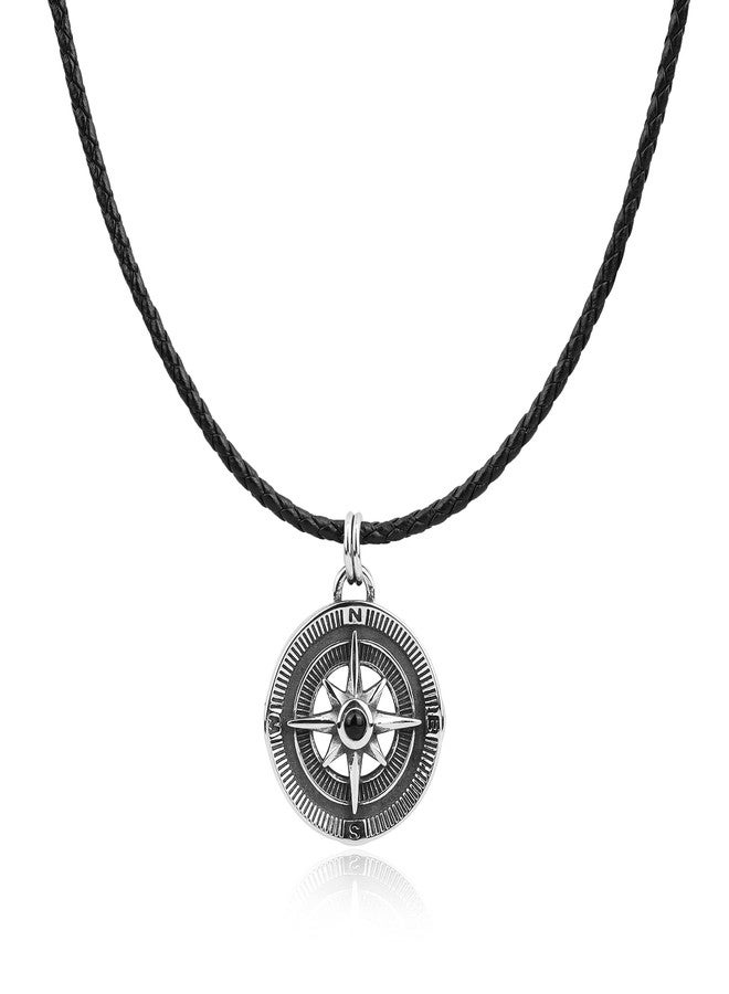 GAVU Men's Genuine Leather Necklace, Stainless Steel Compass Necklace for Men 20" - Image 1