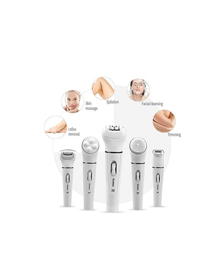 Plan A Kemei 5 in 1 Beauty Tool Kit, Facial Cleansing Brush Body Epilator Lady Shaver Face Massager Foot Dead Skin Callus Remover  - Image 2