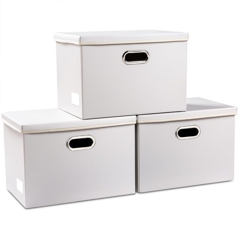 PRANDOM Large Stackable Storage Bins with Lids 3Pack Leather Fabric Foldable Storage Boxes Organizer Containers Baskets Cube with Cover for Bedroom Closet Office Nursery White 177x118x118