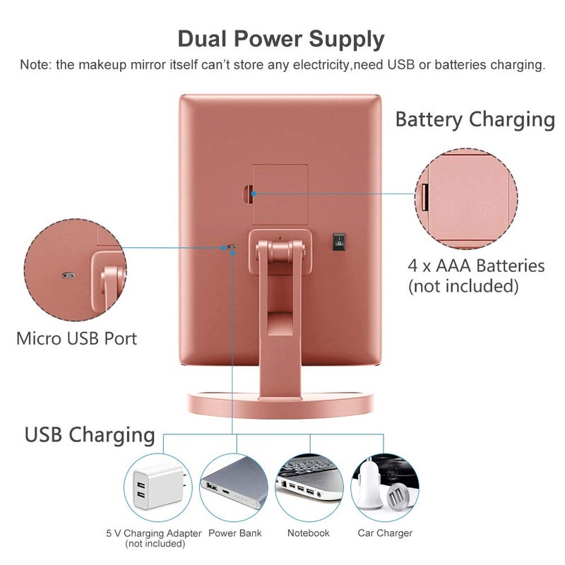 WEILY مرآة مكياج WEILY مع 21 ضوء LED، مصدر طاقة مزدوج، شاشة تعمل باللمس وتكبير 1x/2x/3x، مرآة تجميل قابلة للطي لسطح المكياج (ذهب وردي) - Image 5