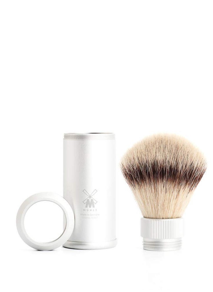 Muhle MÜHLE Travel Silver Aluminum Silvertip Fibre Shaving Brush - Portable Synthetic Luxury Shave Brush for Men, Rich Lather  - Image 2