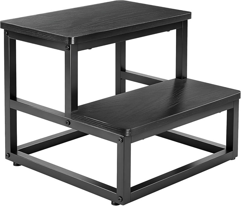 Step Stool 2 Steps for Adults Children Non-Slip Step Stool Wooden Metal Frame with 500 lbs Load Capacity Rounded Corner Design Footstool for Kitchen Bathroom Bedroom Caravan (Blak)