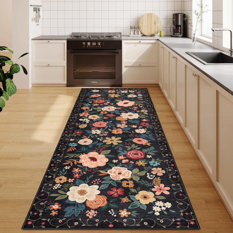 DUKINO 2x6 Runner Rug for Hallway, Washable Kitchen Runner Rug with Non Slip Backing, Low Pile Soft Boho Floral Runner for Kitchen, Hallway, Entryway, Laundry, Bedroom, Black - Image 5