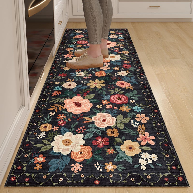 DUKINO 2x6 Runner Rug for Hallway, Washable Kitchen Runner Rug with Non Slip Backing, Low Pile Soft Boho Floral Runner for Kitchen, Hallway, Entryway, Laundry, Bedroom, Black - Image 1