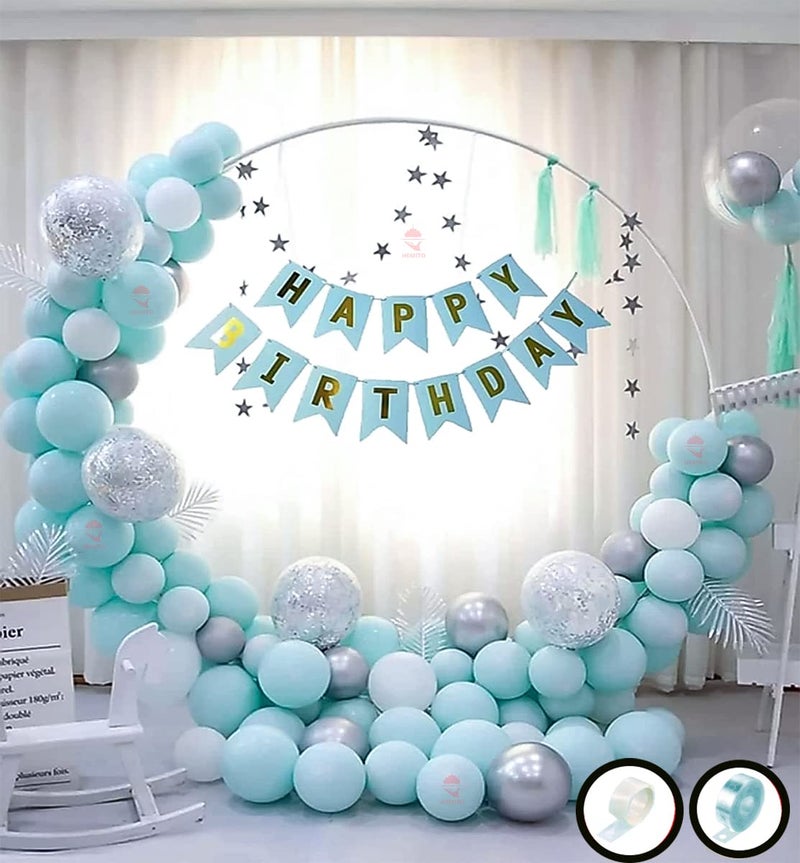 Hemito Birthday Decoration Kit 47 pc – Mint Green Pastel and White Metallic Balloons Combo with Banner for girls Kids Baby Birthday Decoration Items - Image 1