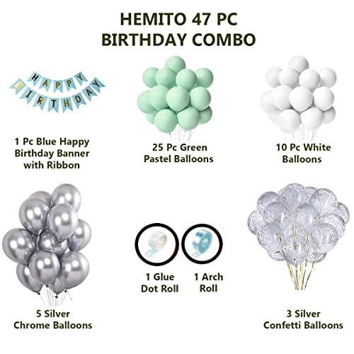 Hemito Birthday Decoration Kit 47 pc – Mint Green Pastel and White Metallic Balloons Combo with Banner for girls Kids Baby Birthday Decoration Items - Image 2