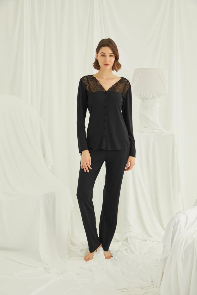 Monamise Women's Black Lace Shoulder Front Buttoned Pajama Set