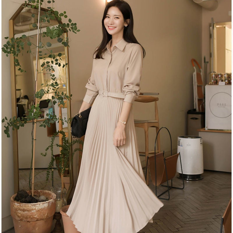 Design Sense Niche Slim Elegant Light Luxury Socialite Large Dress 2024 Spring and Summer New Womens Long Sleeve Shirt dress Apricot long sleeves free natural belt