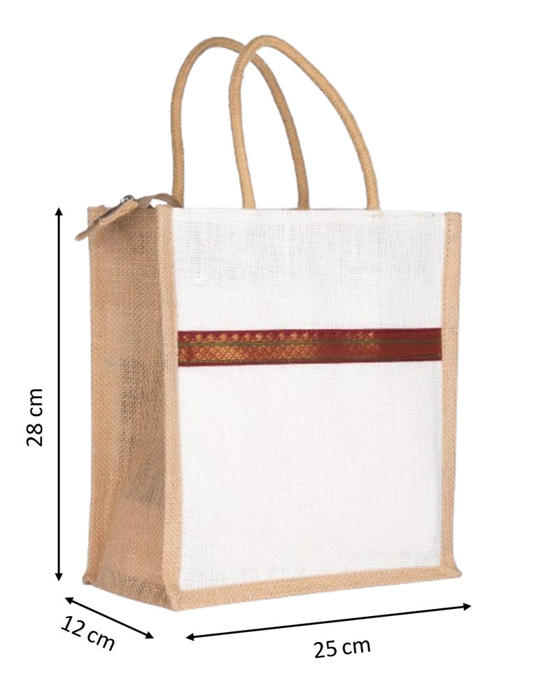 Soman Jute Ecofriendly Return Gift Bags Trendy lace with Zip White Natural Pack of 10 Bags - Image 2