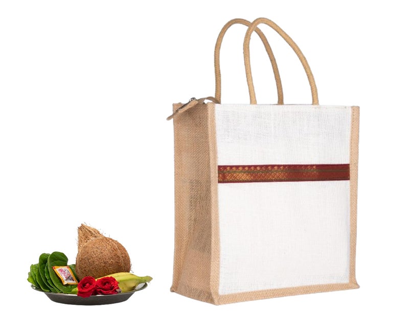 Soman Jute Ecofriendly Return Gift Bags Trendy lace with Zip White Natural Pack of 10 Bags - Image 4
