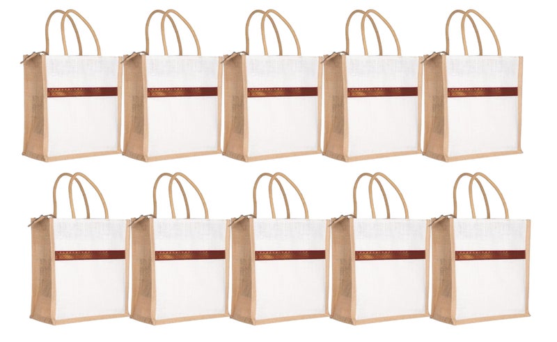 Soman Jute Ecofriendly Return Gift Bags Trendy lace with Zip White Natural Pack of 10 Bags - Image 1
