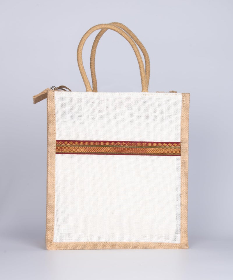 Soman Jute Ecofriendly Return Gift Bags Trendy lace with Zip White Natural Pack of 10 Bags - Image 3
