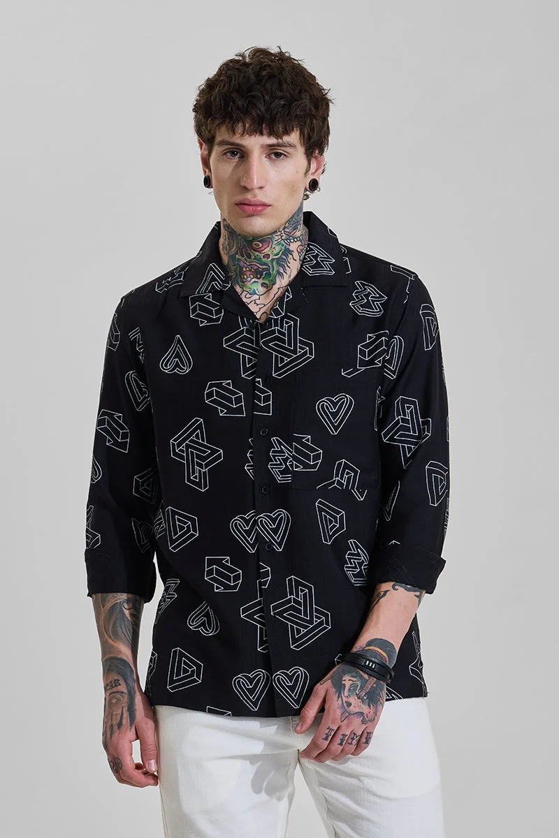 SNITCH Dark Black Geometric Long Sleeve Regular Fit Shirt