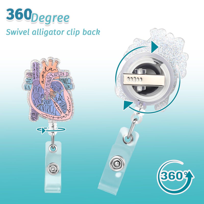Dimeho Cardiac Badge Holder Heart Retractable Reel ID Card Clip Anatomy Funny Nurse Name Tag Holder Pediatrics Nursing Badge Clips for Doctor Student Teacher Office Clinic Medical Assistant - Image 5