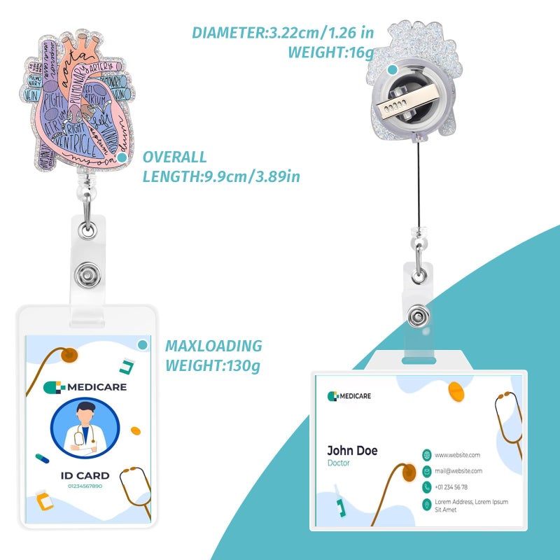 Dimeho Cardiac Badge Holder Heart Retractable Reel ID Card Clip Anatomy Funny Nurse Name Tag Holder Pediatrics Nursing Badge Clips for Doctor Student Teacher Office Clinic Medical Assistant - Image 3