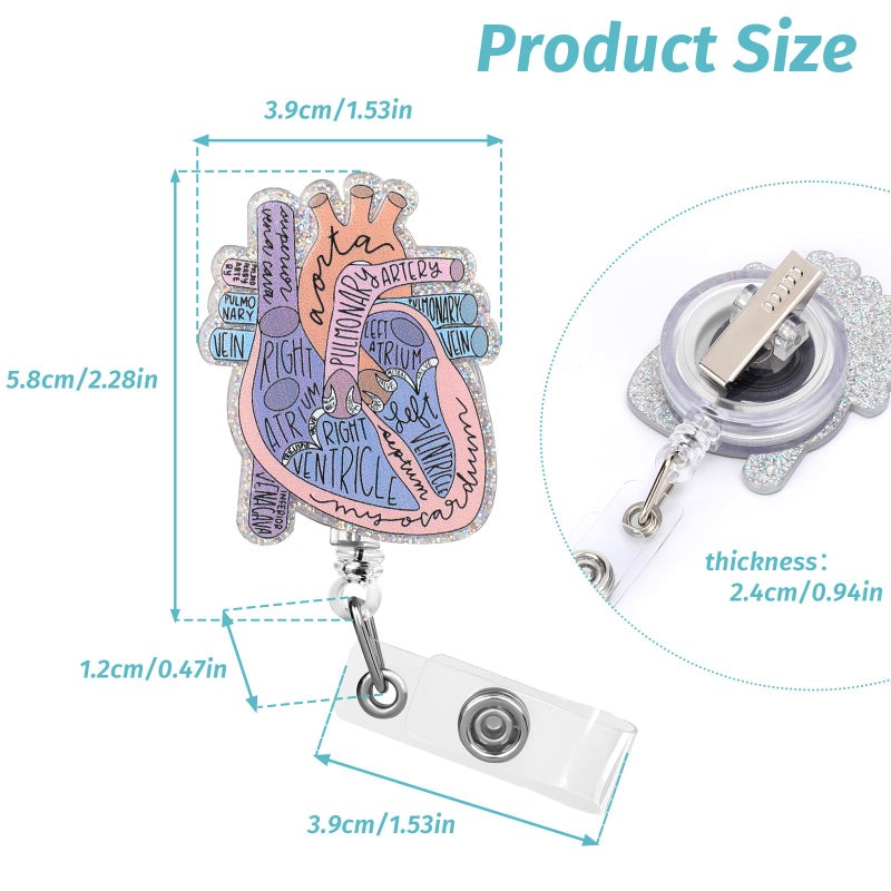 Dimeho Cardiac Badge Holder Heart Retractable Reel ID Card Clip Anatomy Funny Nurse Name Tag Holder Pediatrics Nursing Badge Clips for Doctor Student Teacher Office Clinic Medical Assistant - Image 2