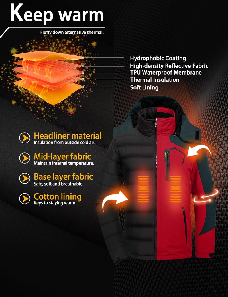 GEMYSE Men's Waterproof 3-in-1 Ski Snow Jacket Puffer Liner Insulated Winter Coat (Oriental Red,Medium) - Image 5