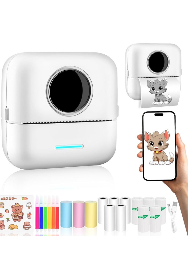WENTCCION Mini Sticker Printer Bluetooth Smart Pocket Inkless Thermal Printer with 9*Thermal Paper,5*Adhesive Thermal Paper,for iOS & Android, Portable Receipt Printer for Photo Journal Notes Memo (White)  - Image 1
