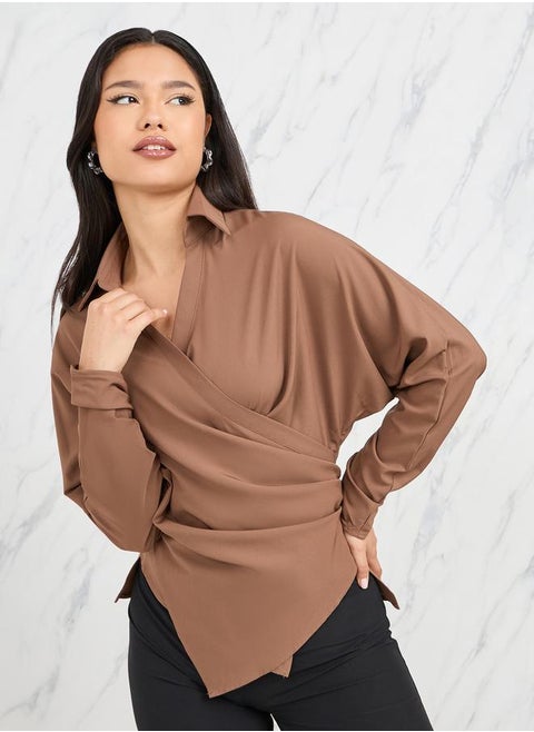 Collared Batwing Sleeves Wrap Top