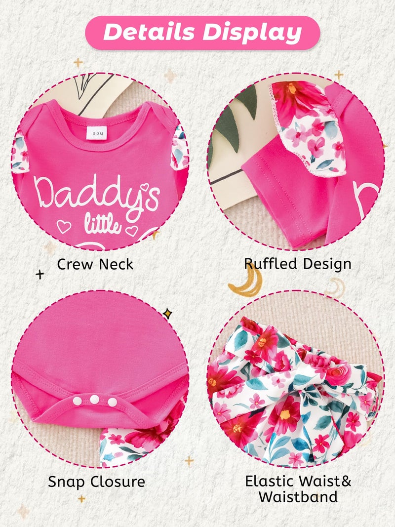 AMAWMW Baby Girl Clothes Set Daddys Little Girl Ruffle Romper Top Floral Pants Newborn Infant Baby Girl Outfit, C-Rose Red, 3-6 Months - Image 4