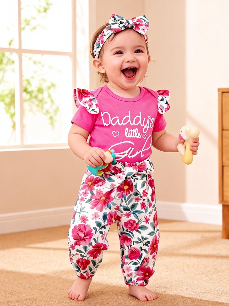 AMAWMW Baby Girl Clothes Set Daddys Little Girl Ruffle Romper Top Floral Pants Newborn Infant Baby Girl Outfit, C-Rose Red, 3-6 Months - Image 3