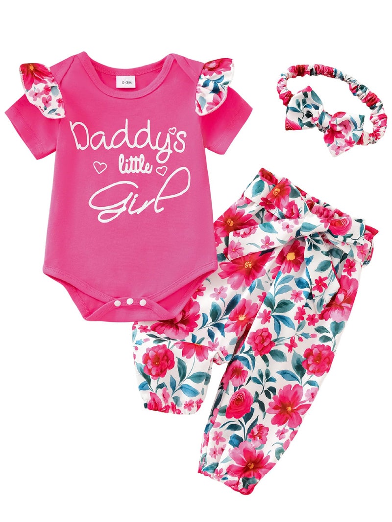 AMAWMW Baby Girl Clothes Set Daddys Little Girl Ruffle Romper Top Floral Pants Newborn Infant Baby Girl Outfit, C-Rose Red, 3-6 Months - Image 1